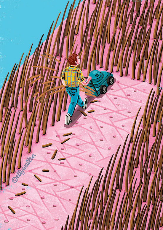 illustration of a miniature man using a lawn mower to cut giant hairs on a patch of skin