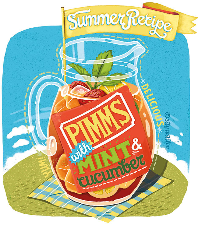 illustration of large jug with orange liquid and hand lettering "Summer recipe pimms with mint & cucumber"
