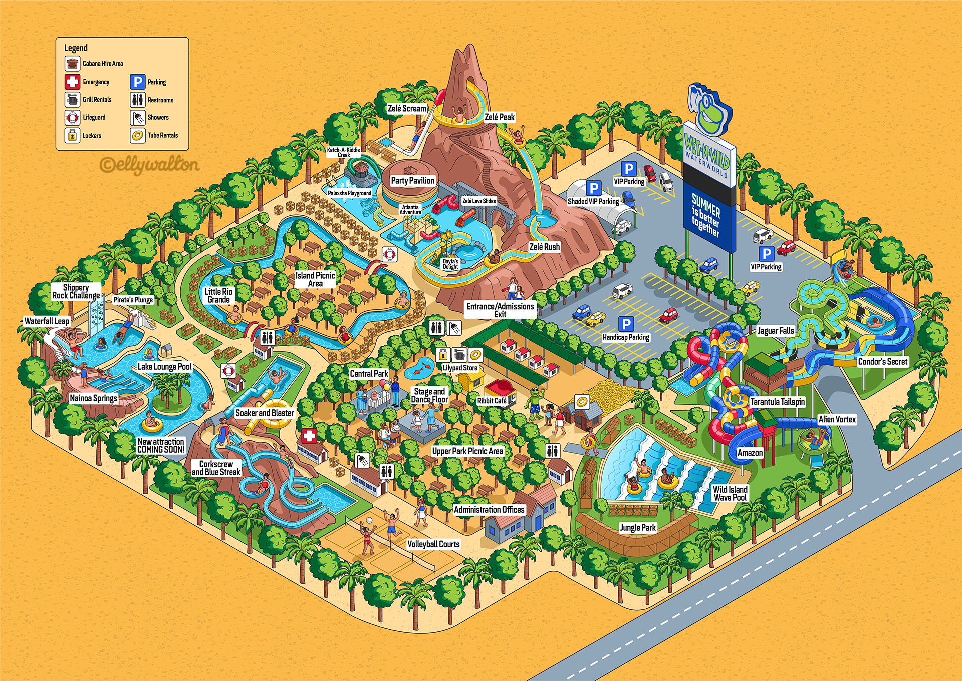 Map illustration of a water park with slides and attractions using an isometric viewpoint