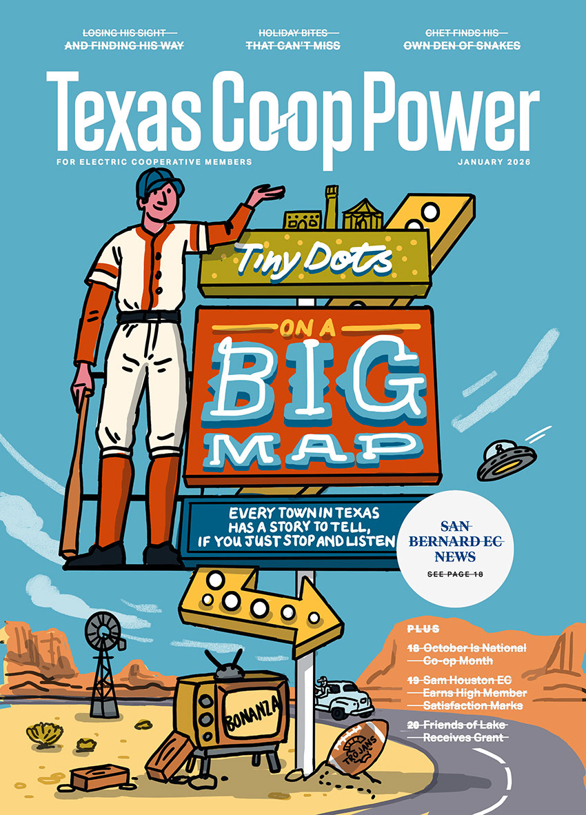 Sketch idea for cover illustration, showing a neon motel style sign with hand lettering, set in a Texas desert landscape