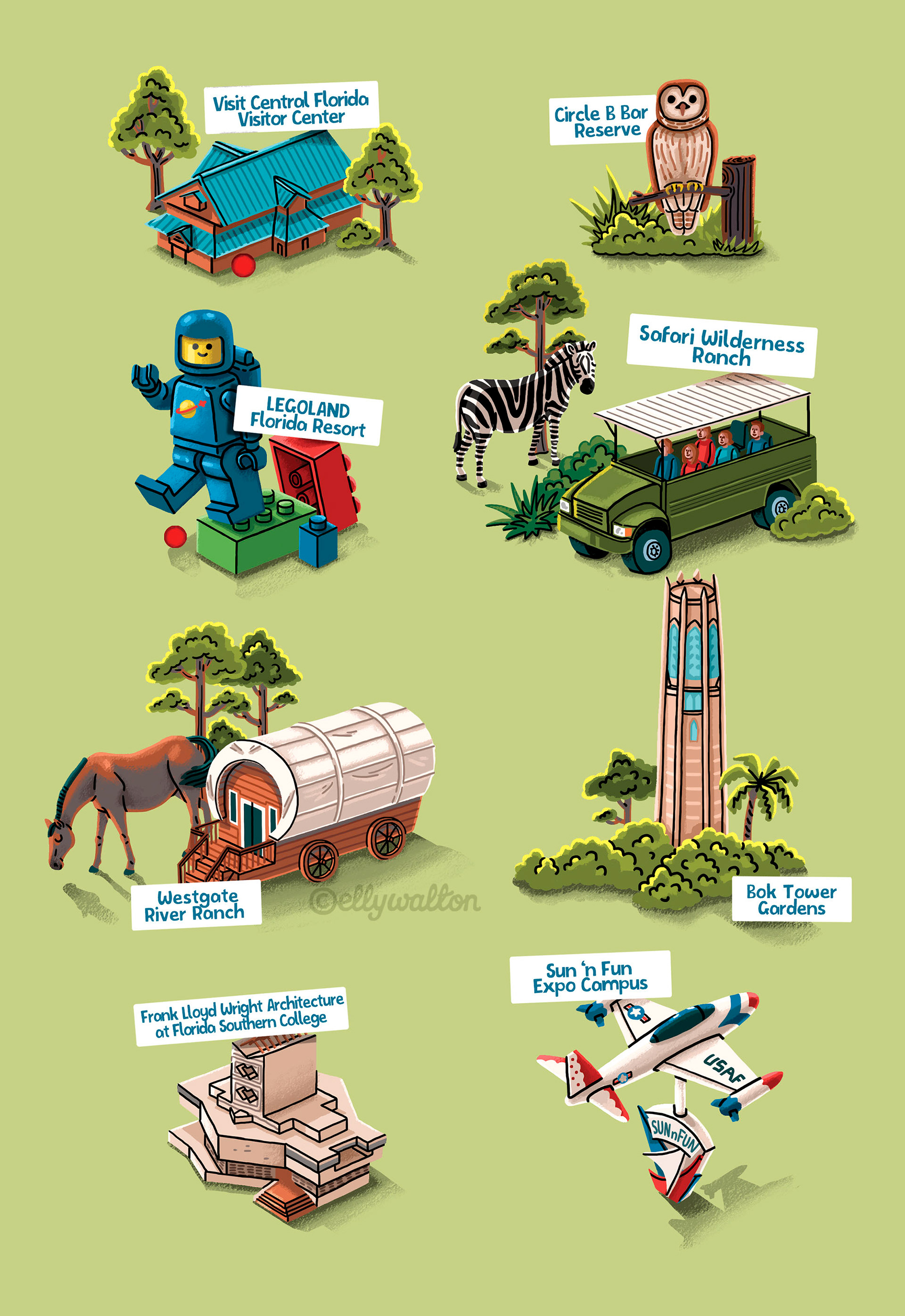 illustrations of small buildings and animals