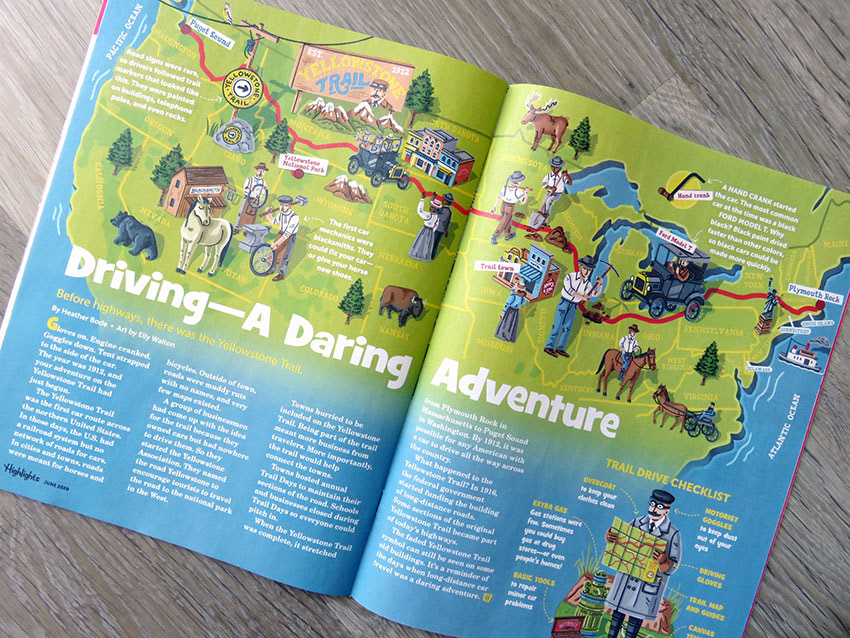 map illustration on a magazine spread showing america yellowstone trail and victorian era people walking and driving old cars across it