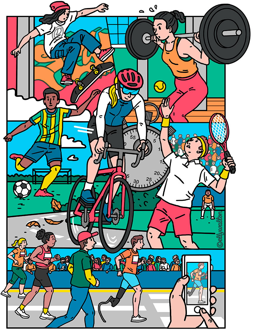 illustration split into different sections with diverse people taking part in different sporting activities