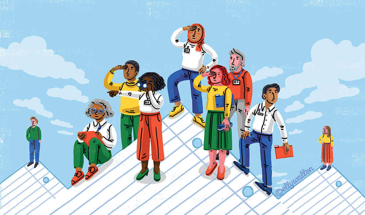 illustration of a diverse group of people standing on top of lined paper that looks like snowy mountain tops