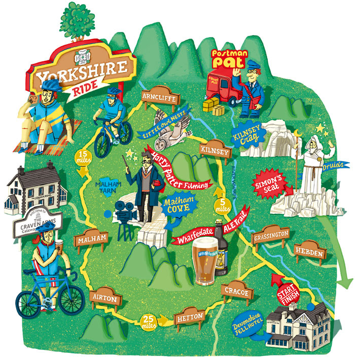 map illustration malham cove yorkshire england cycle road route tourist attractions