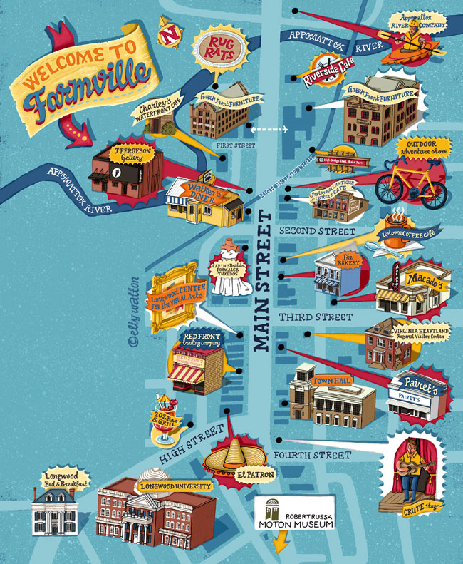 map illustration of farmville usa main street and side roads buildings places of interest