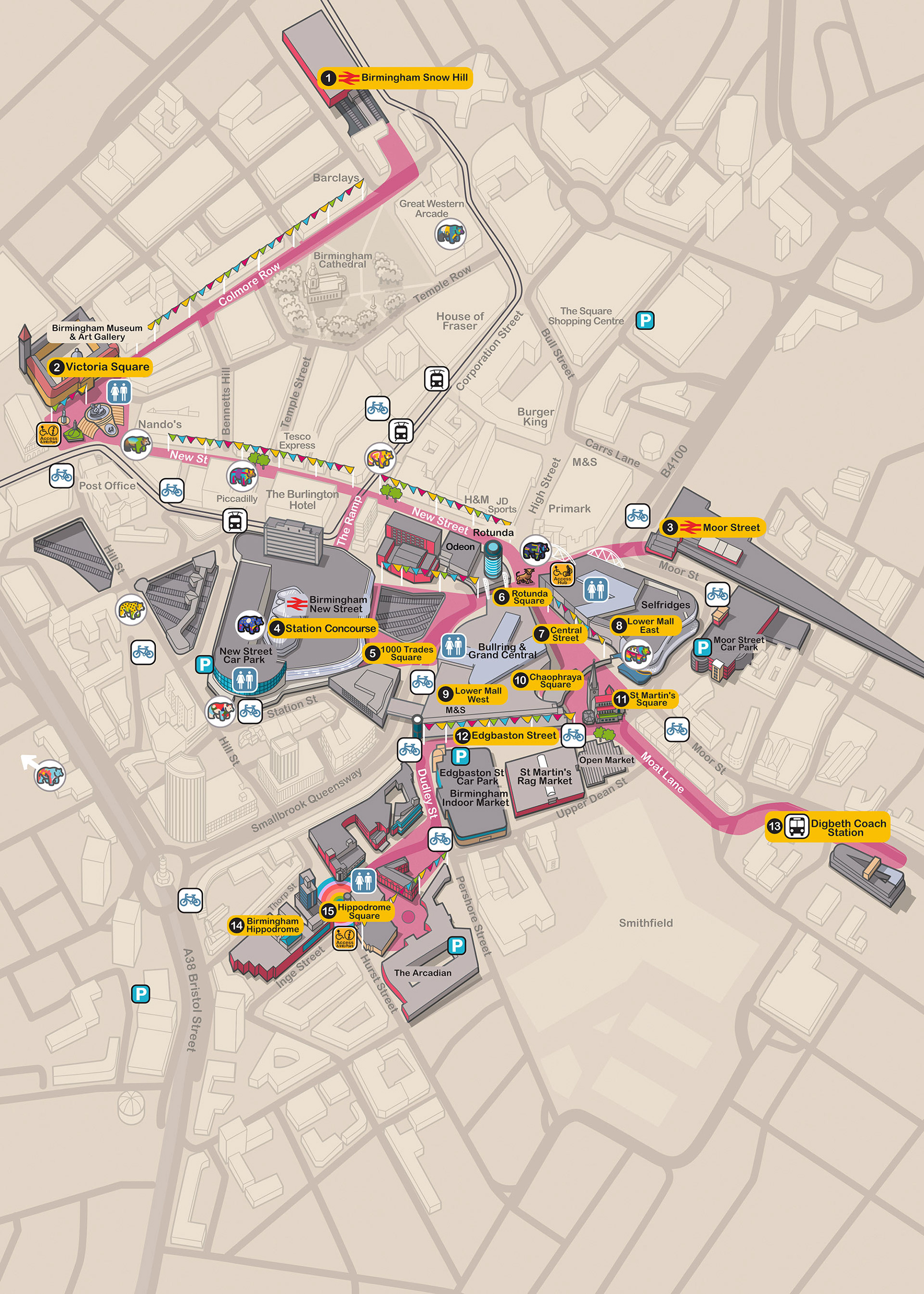 illustrated map of the city centre of Birmingham, England, UK, showing 3D buildings, streets and roads