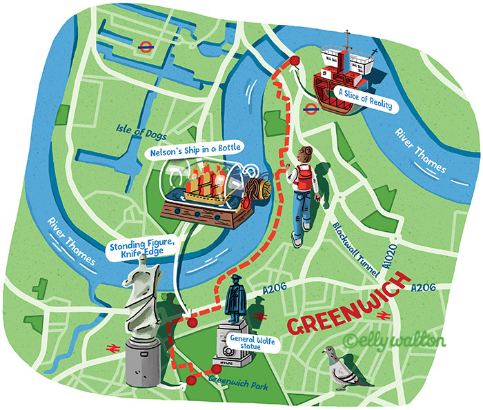 map illustration of greenwich london uk showing statue artworks