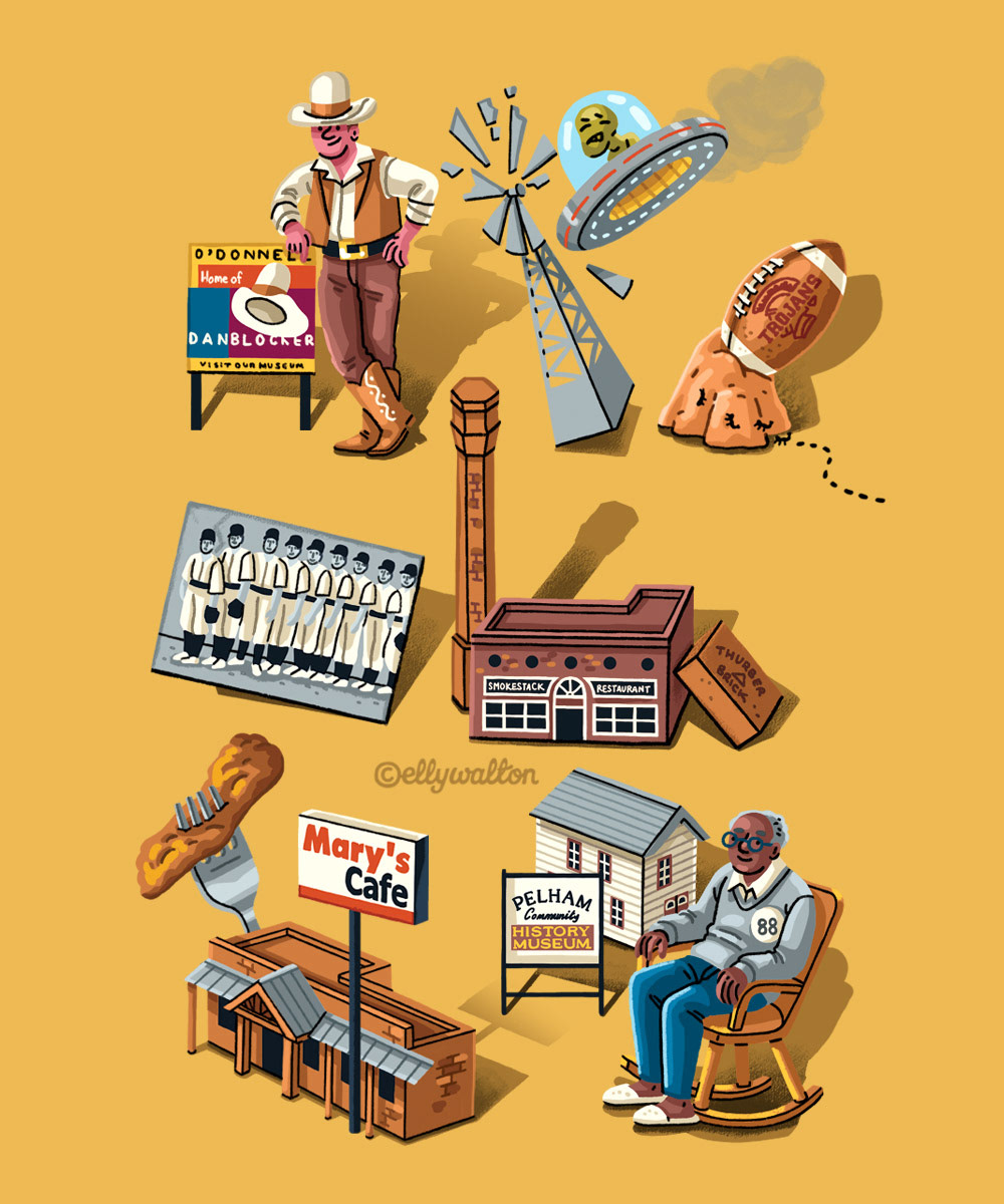 Icon illustrations from a map illustration, showing figures and buildings