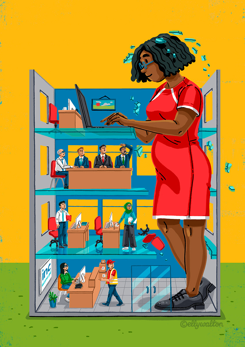 illustration of black female office worker smashing through a glass ceiling top floor of office building