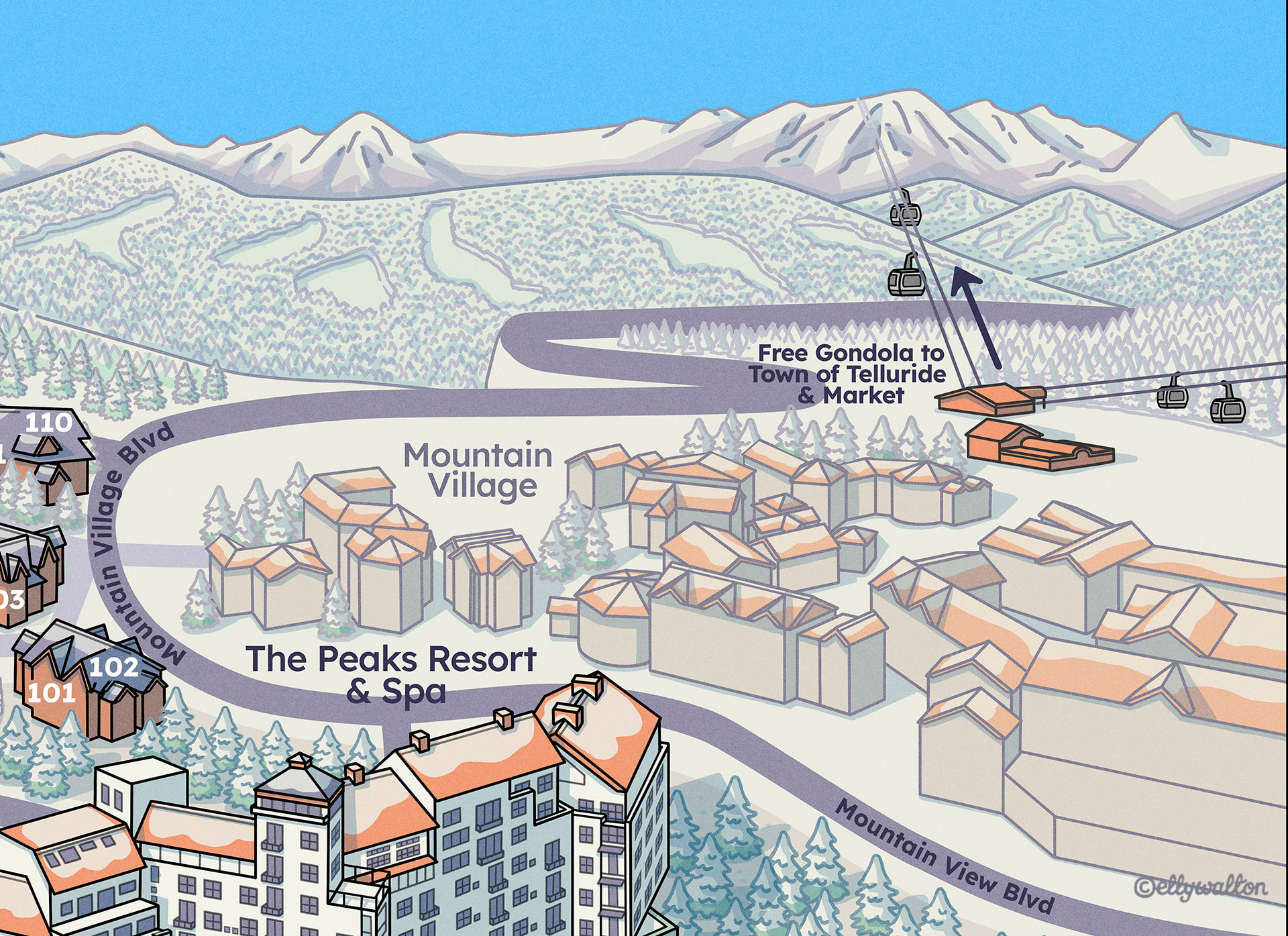 Detail of A map illustration showing 3D hotel buildings in a snowy mountainous landscape with forests