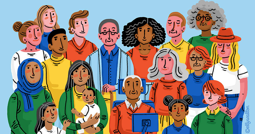 illustration of a diverse group of people standing looking towards us