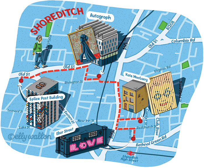 map illustration of shoreditch london uk showing streets buildings and artwork