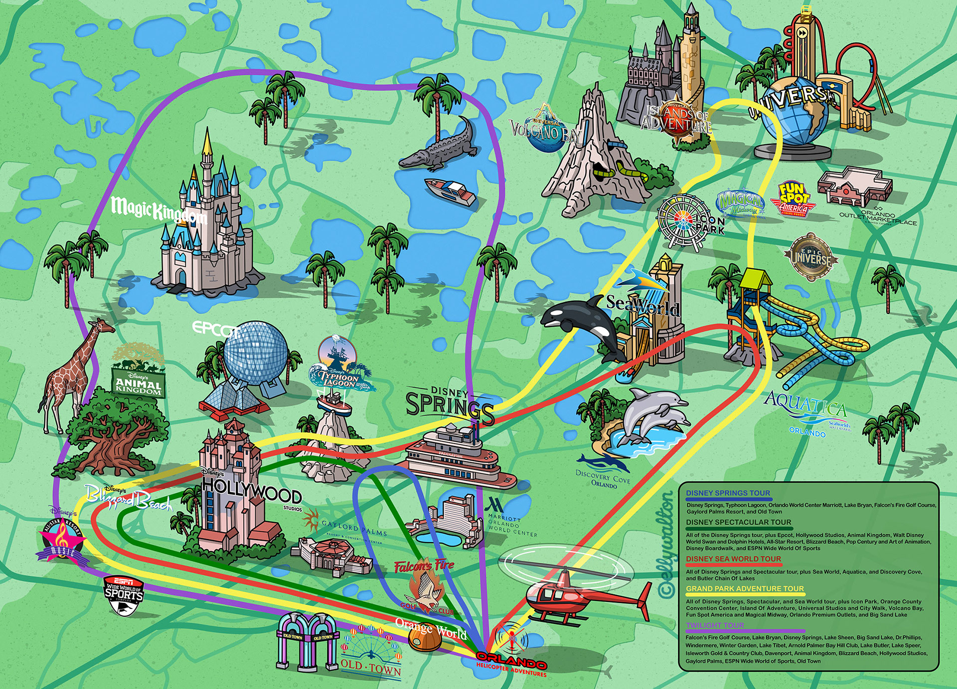 map illustration orlando florida theme park area with helicopter tour routes in different coloured lines