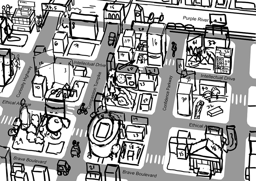 Rough thumbnail sketch placing the major buildings and streets on the map