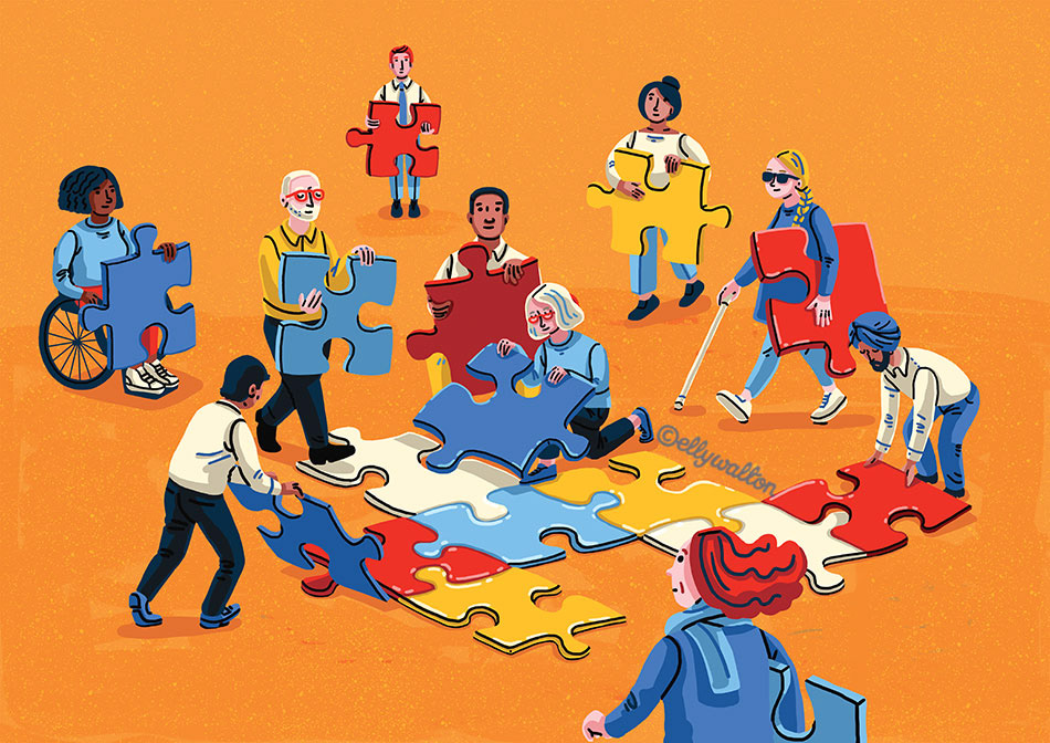 illustration of a diverse group of people working together to build a jigsaw