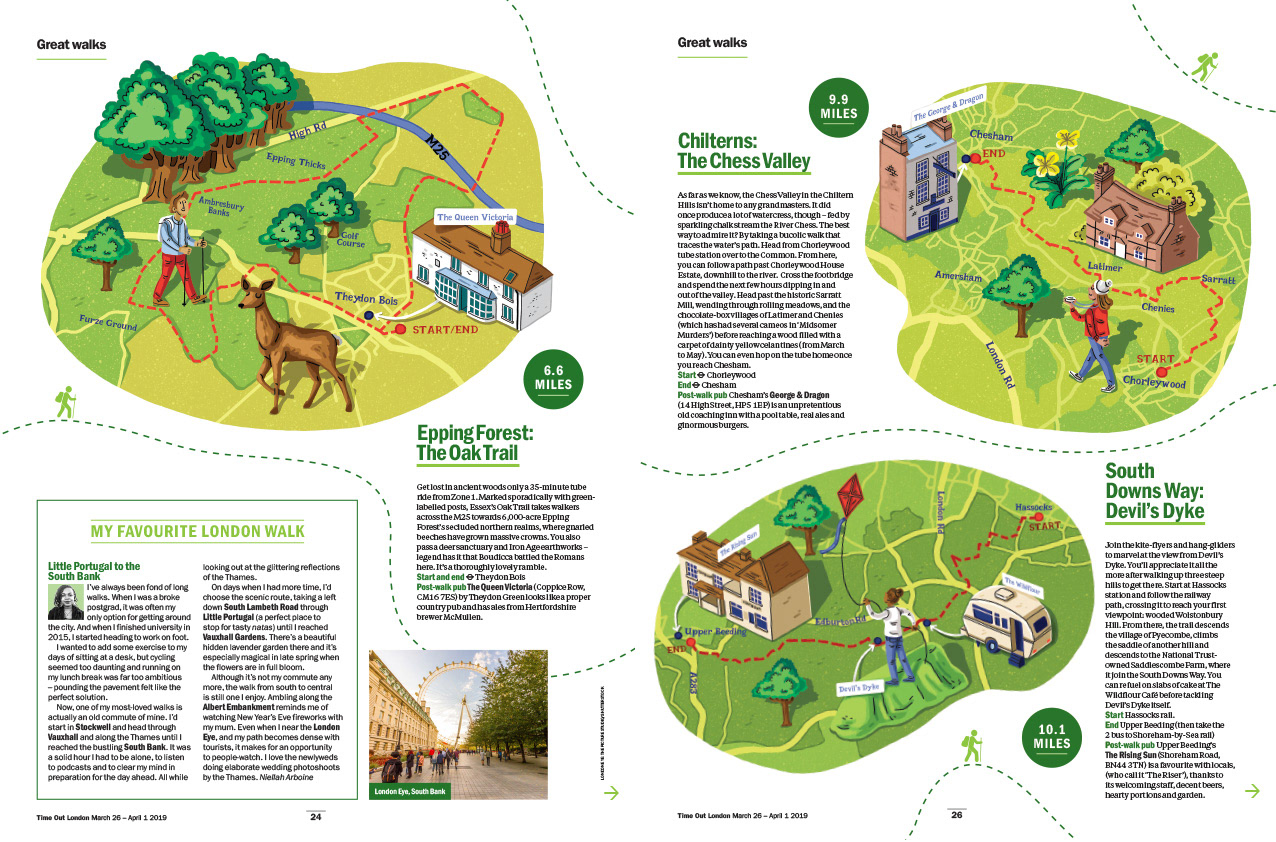 magazine spread showing three map illustrations of uk countryside walking routes with people and buildings