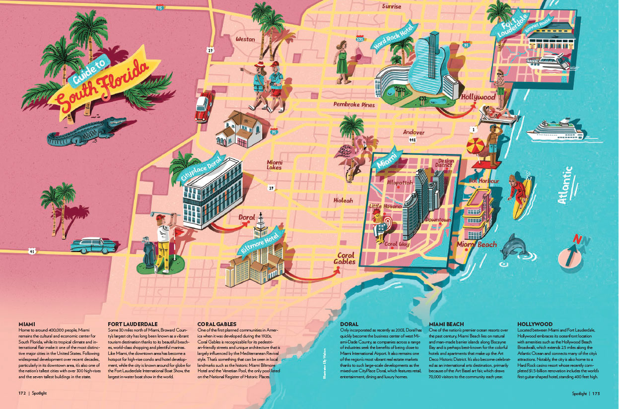map illustration of south florida america showing buildings and people