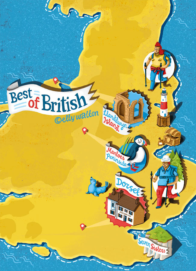 map illustration of the united kingdom with pop out illustrations of locations and buildings