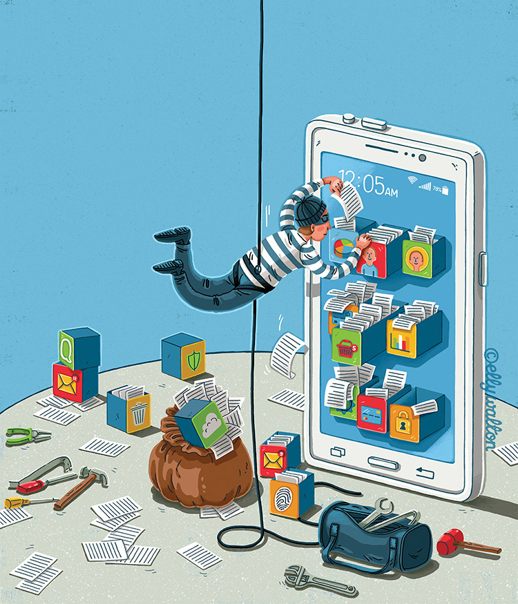 illustration of miniature burglar breaking into app file drawers on a giant mobile phone screen