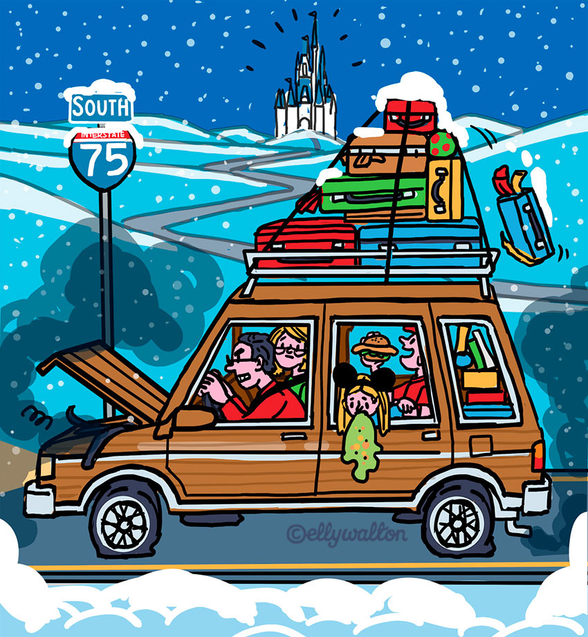 Illustration of a family that has broken down in their car on a wintery, snow-covered road with the Disneyland castle in the background