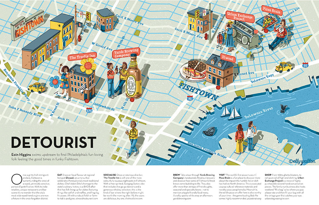 map illustration of area of philadelphia usa showing buildings and people