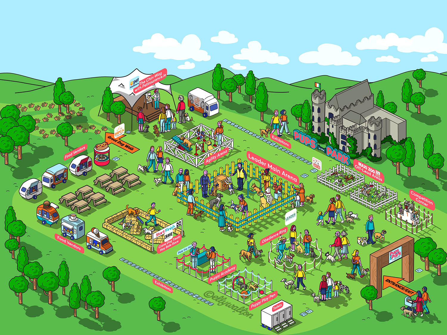 map illustration showing the event ground for Pups in the Park Dublin with arenas tents food dog shows and people walking around