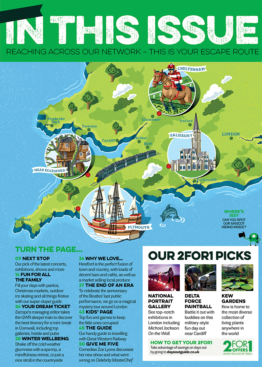map illustration of south west england cornwall uk showing a train and pop out illustrations of places to visit