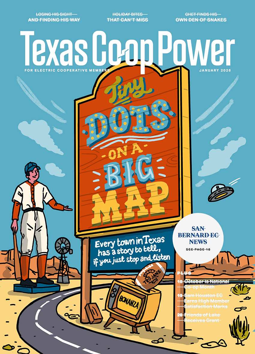 Sketch idea for cover illustration, showing a town sign with the feature headline in hand lettering, set in a Texas desert landscape