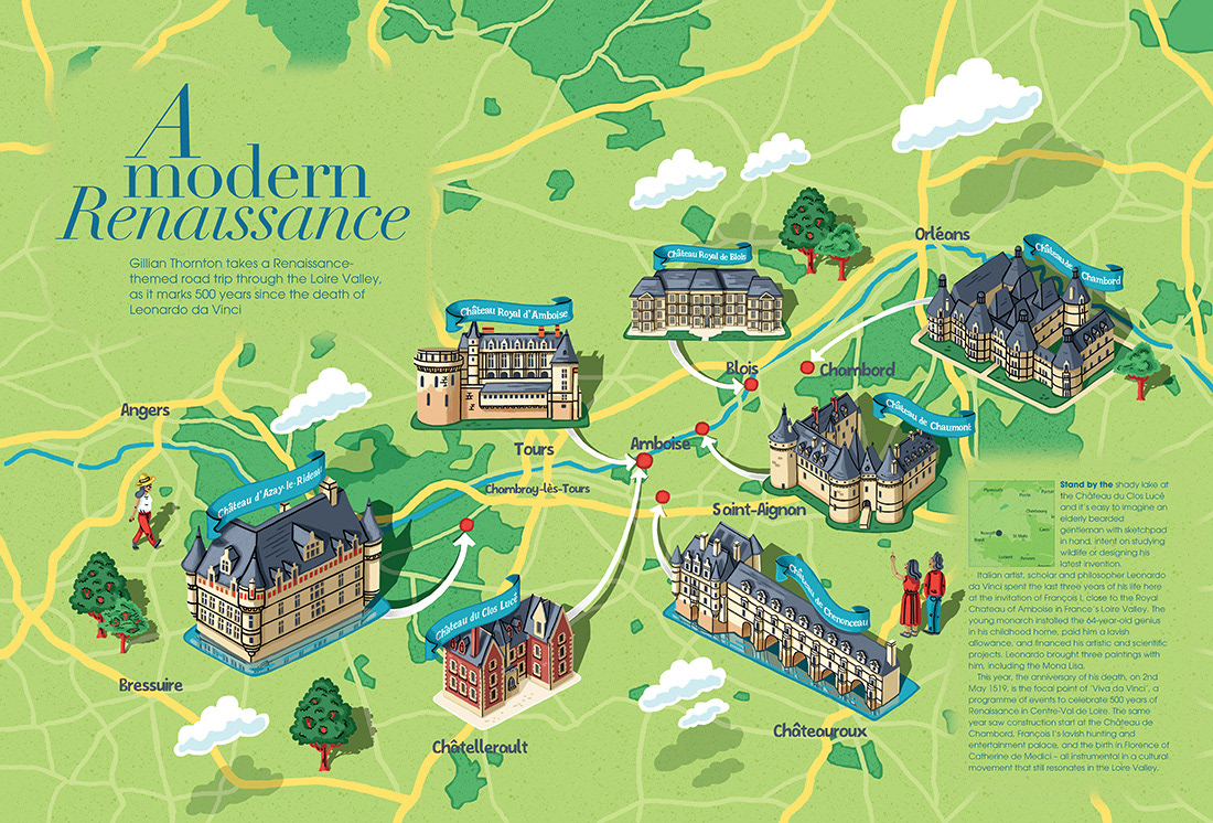 map illustration of loire valley france showing seven chateau buildings and their locations