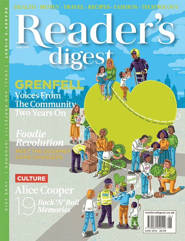 cover of reader's digest with illustration of giant green heart surrounded by miniature people