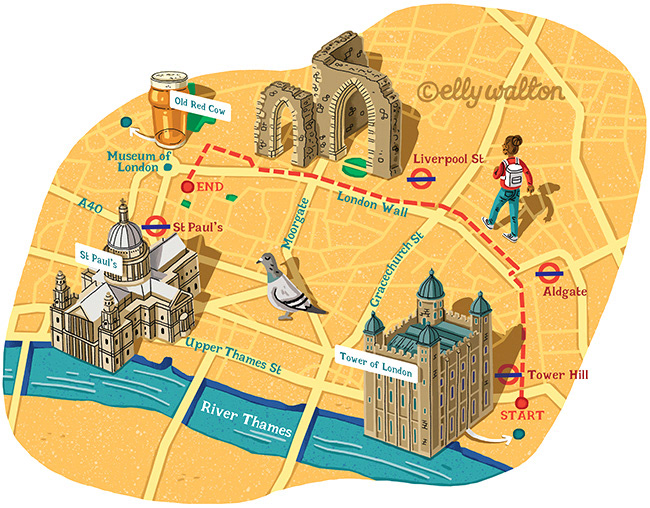 map illustration central london uk showing streets buildings woman walking