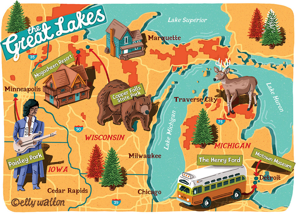 map illustration of great lakes michigan usa showing buildings bear deer bus trees