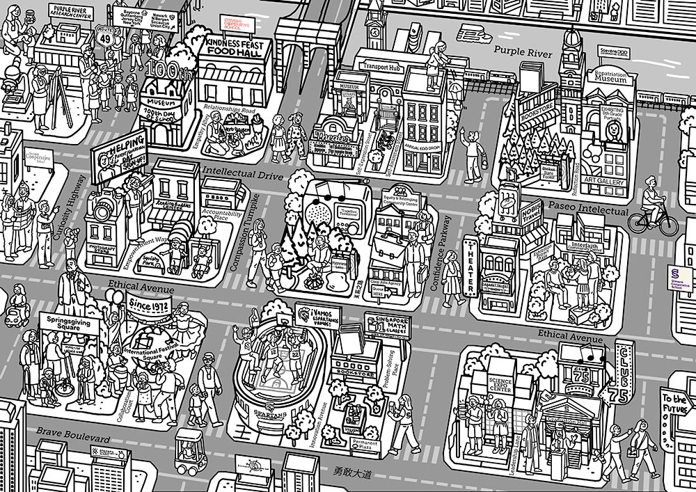 Black & white sketch, adding more detail to the buildings and filling out with people