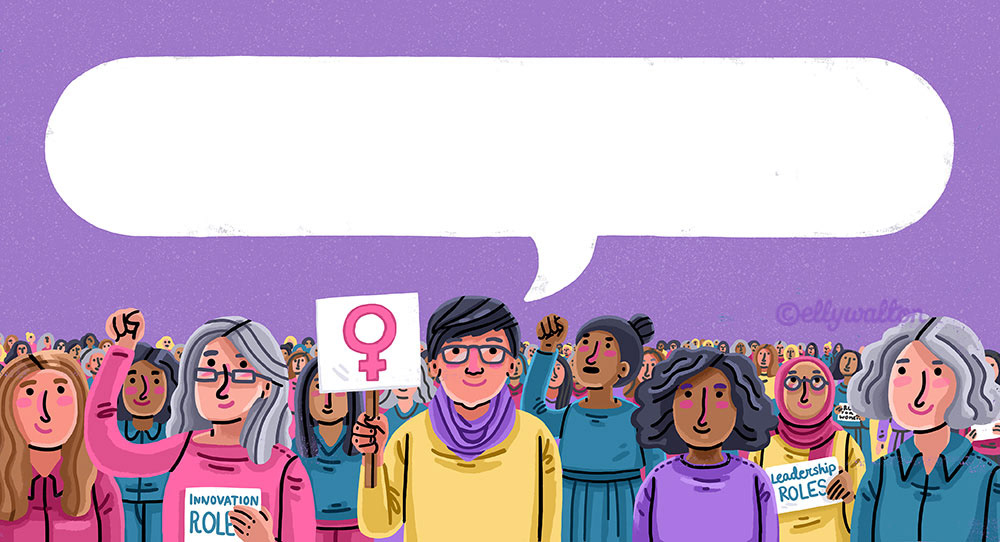 illustration of group of women looking towards us with giant speech bubble over their heads. Woman in the middle is holding female symbol