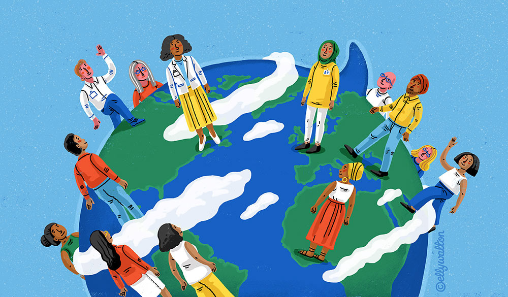 illustration of a diverse group of people standing on a globe earth