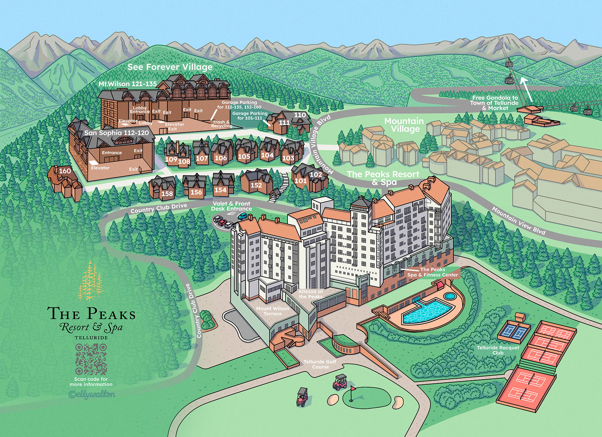 A map illustration showing 3D hotel buildings in a mountainous landscape with forests