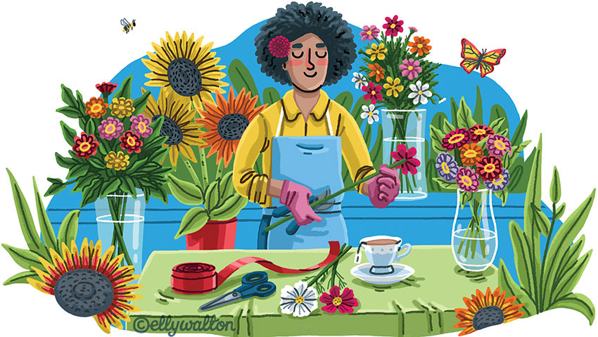 illustration of black woman cutting flower stem with vases of cut flowers surrounding her
