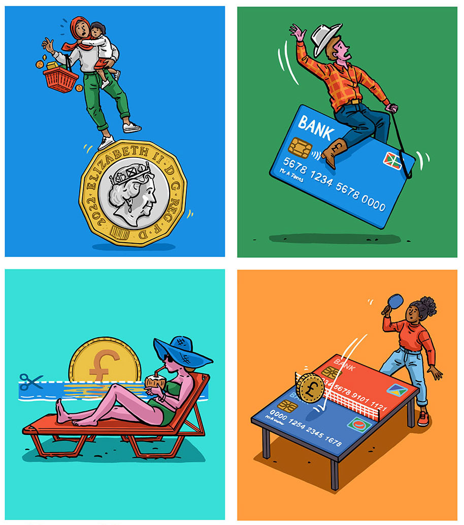 illustration showing people struggling to manage their money