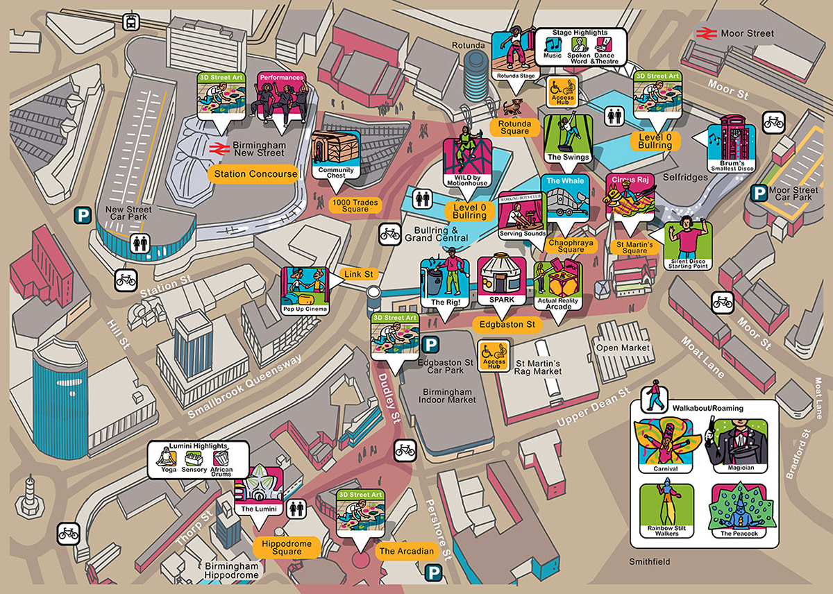 sketch 3D map illustration of birmingham city uk with central shopping areas and fesitval activities