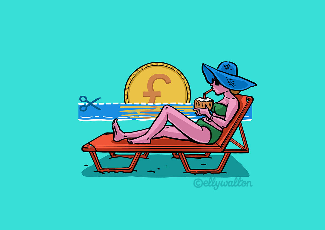illustration of a caucasian woman sunbathing on a lounger with pound coin sinking below sea horizon