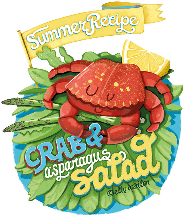 illustration of crab sitting on top of asparagus and salad leaves with hand lettering "Summer recipe crab & asparagus salad"