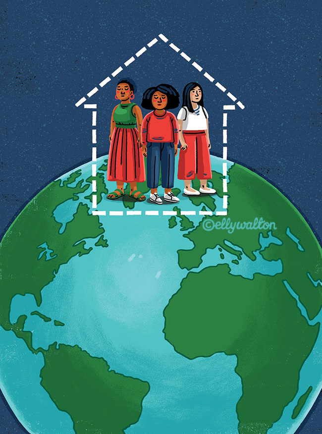 illustration showing a group of women standing on top of a globe earth
