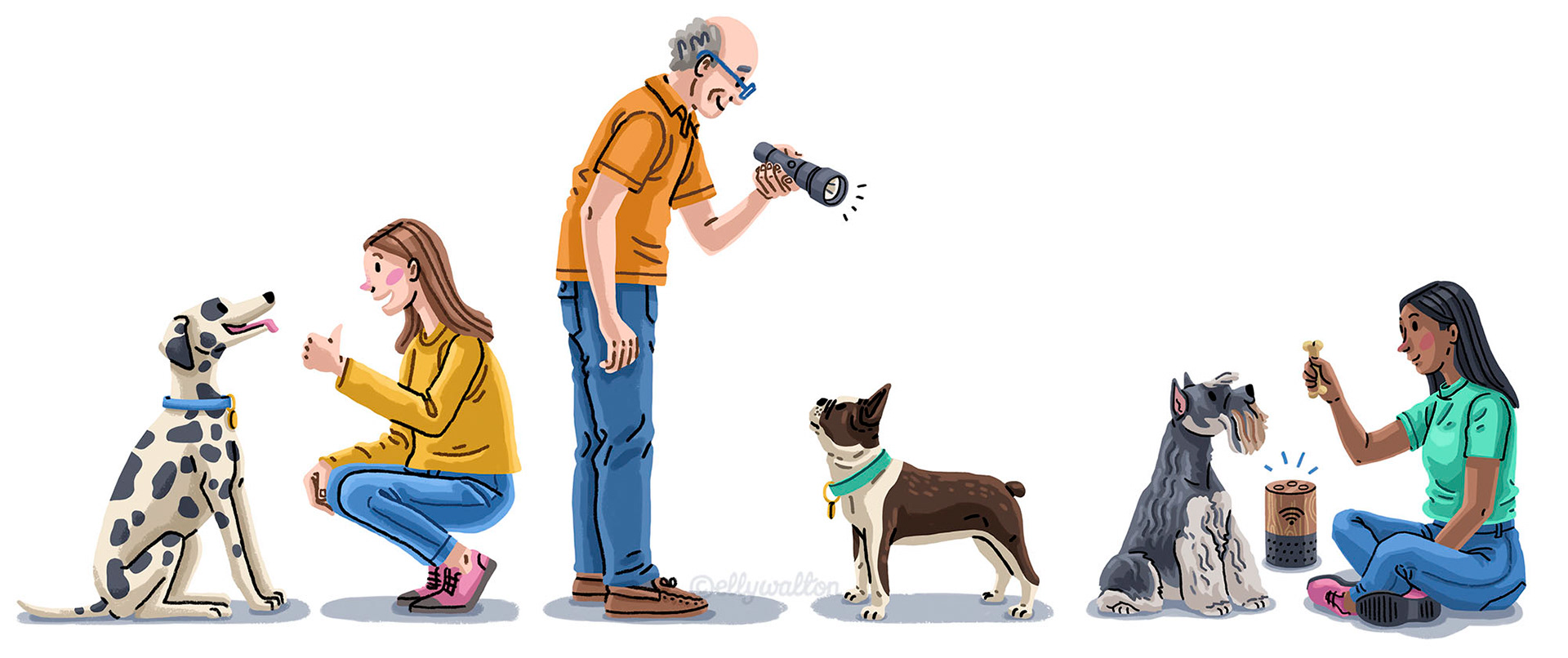 illustrations of dogs with their owners