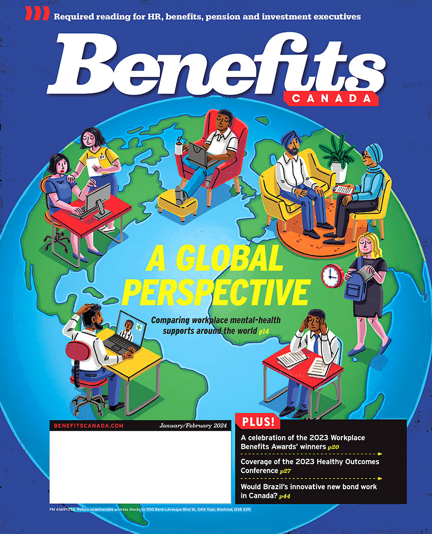 magazine cover illustration of figures working behind desks on a globe of earth