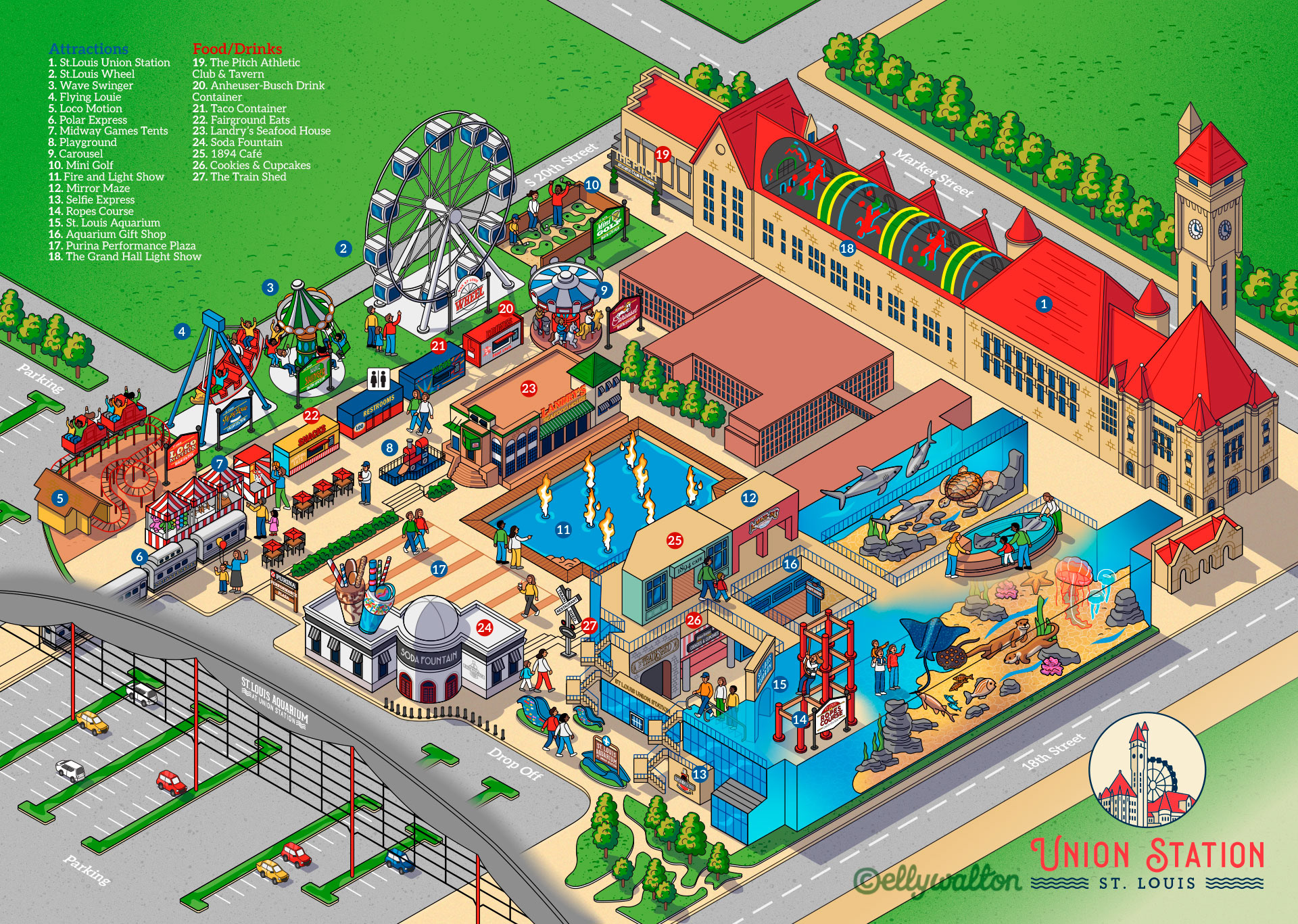 Map illustration of a hotel building and grounds with amusement park rides like a carousel, ferris wheel and aquarium