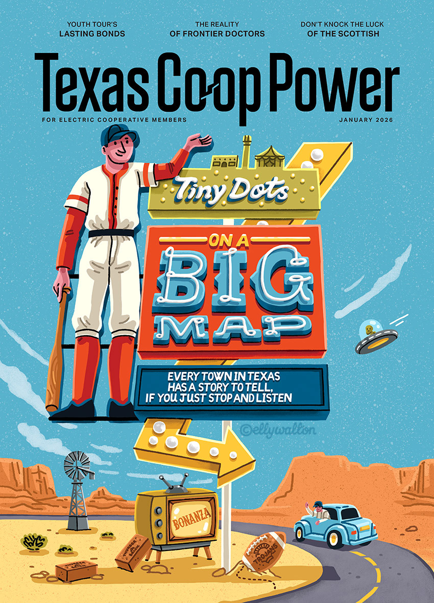 Magazine cover illustration showing motel sign in a Texas desert landscape with hand lettering