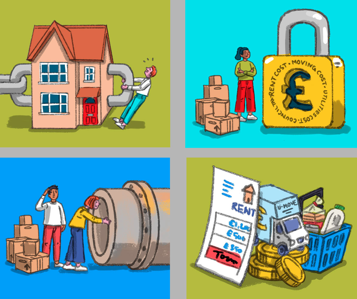 A series of editorial illustration sketches showing people dealing with housing problems