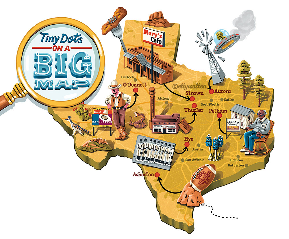Illustrated map of Texas, showing towns and icons of people and buildings