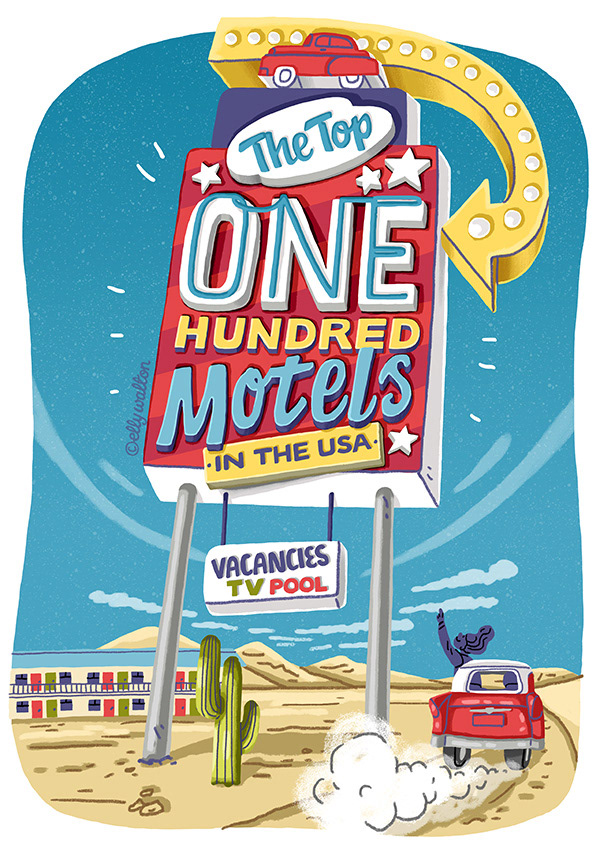 illustration showing a large neon motel sign which says "The top one hundred motels in the USA" and a car driving past